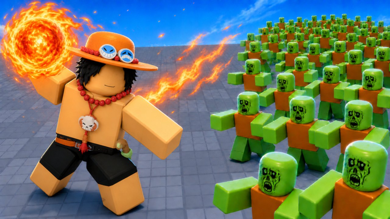 A Fruit Zombie Survival fighter with a flaming Devil Fruit facing a green zombie horde on a tiled arena
