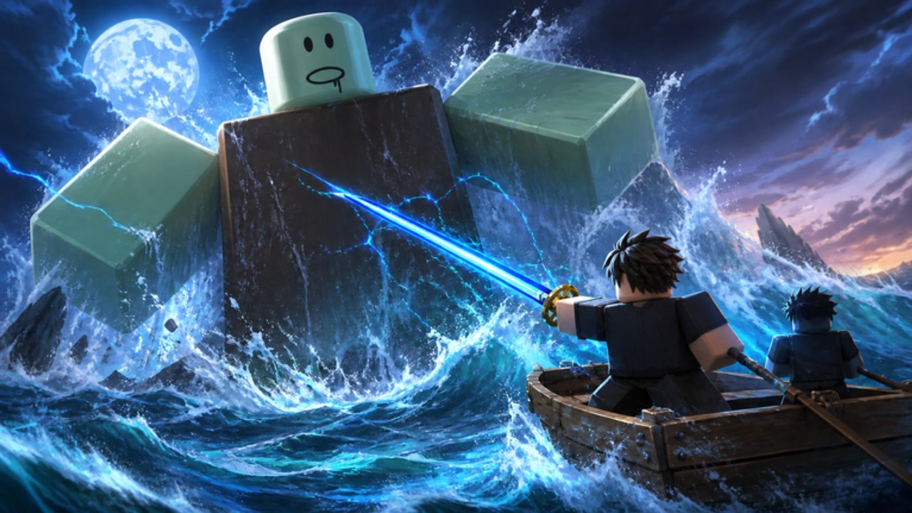 Two survivors in a boat fighting a giant sea zombie with a glowing blue blade under a full moon